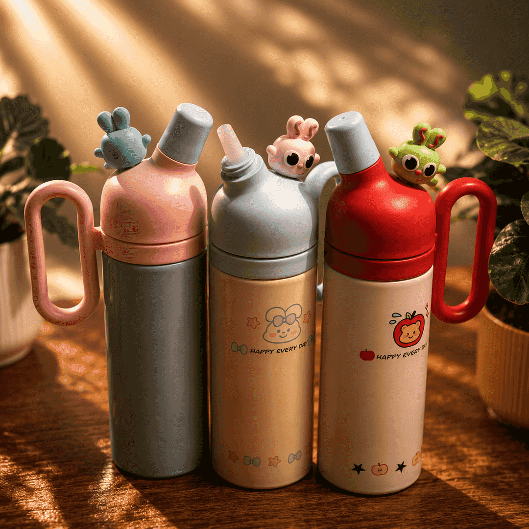 Hop & Sip Kids Stainless Steel Water Bottle with Carry Handle & Cute Animal Topper 1
