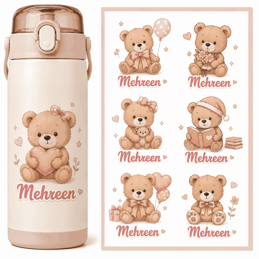 Personalized Teddy Bear UV Stickers – Custom Name Stickers (24 per A4 Sheet) 1