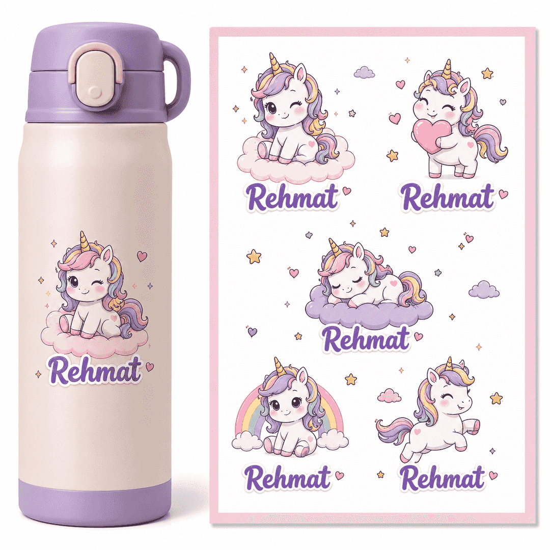 Personalized Unicorn UV Stickers – Custom Name Stickers (24 per A4 Sheet)