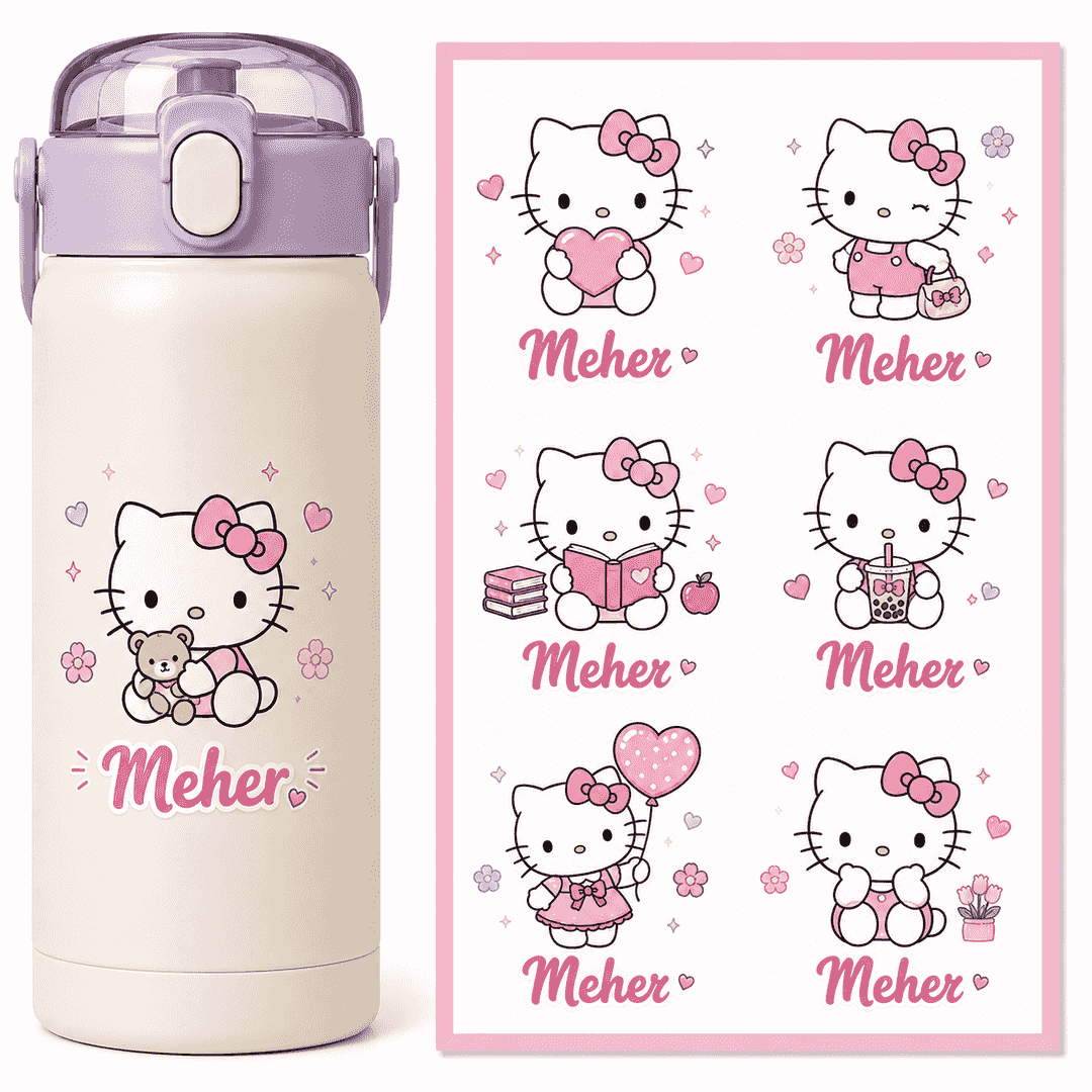 Personalized Hello Kitty UV Stickers – Custom Name Stickers (24 per A4 Sheet)