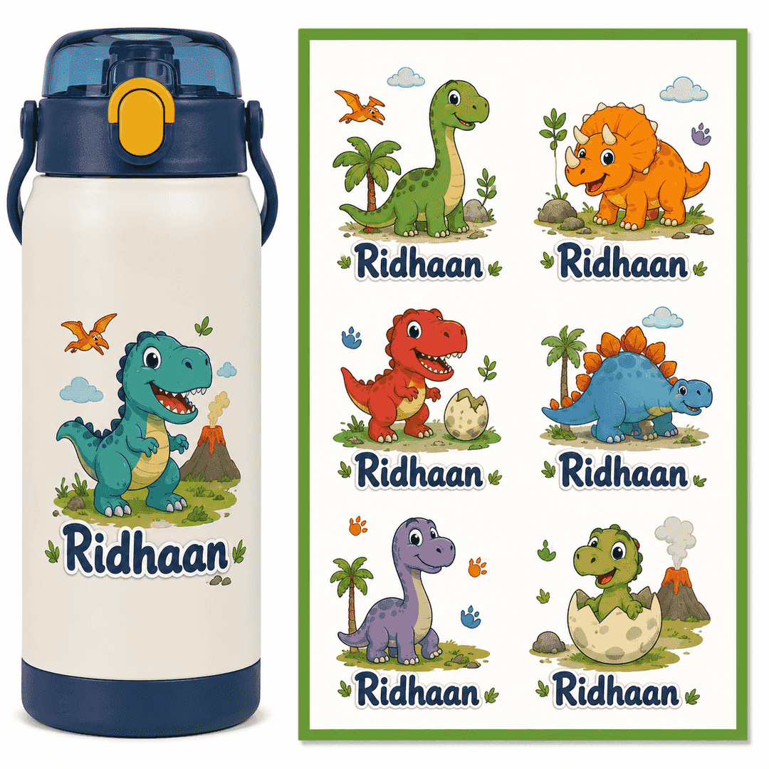 Personalized Dinosaur UV Stickers – Custom Name Stickers (24 per A4 Sheet)