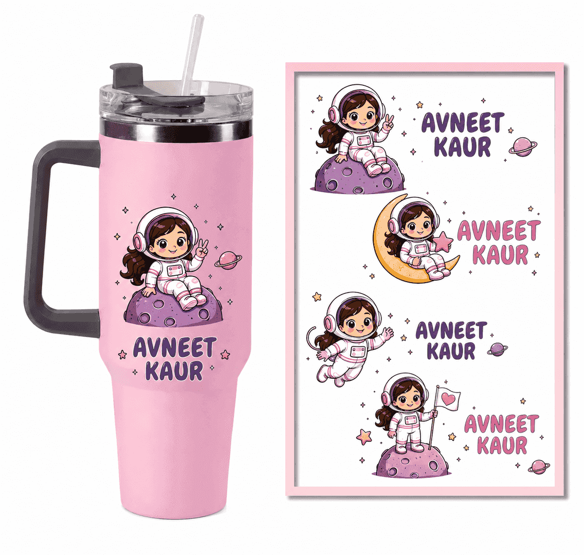 Personalized Astronaut Girl UV Stickers – Custom Name Stickers (24 per A4 Sheet)