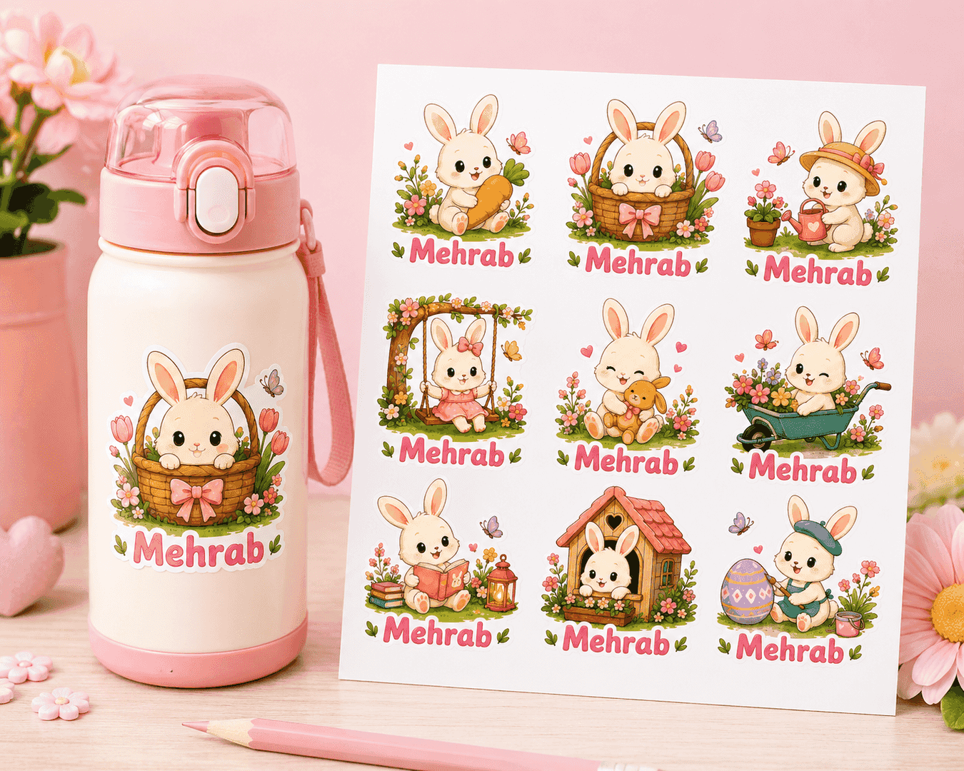 Personalized Bunny Garden UV Stickers โ Custom Name Stickers (24 pcs)