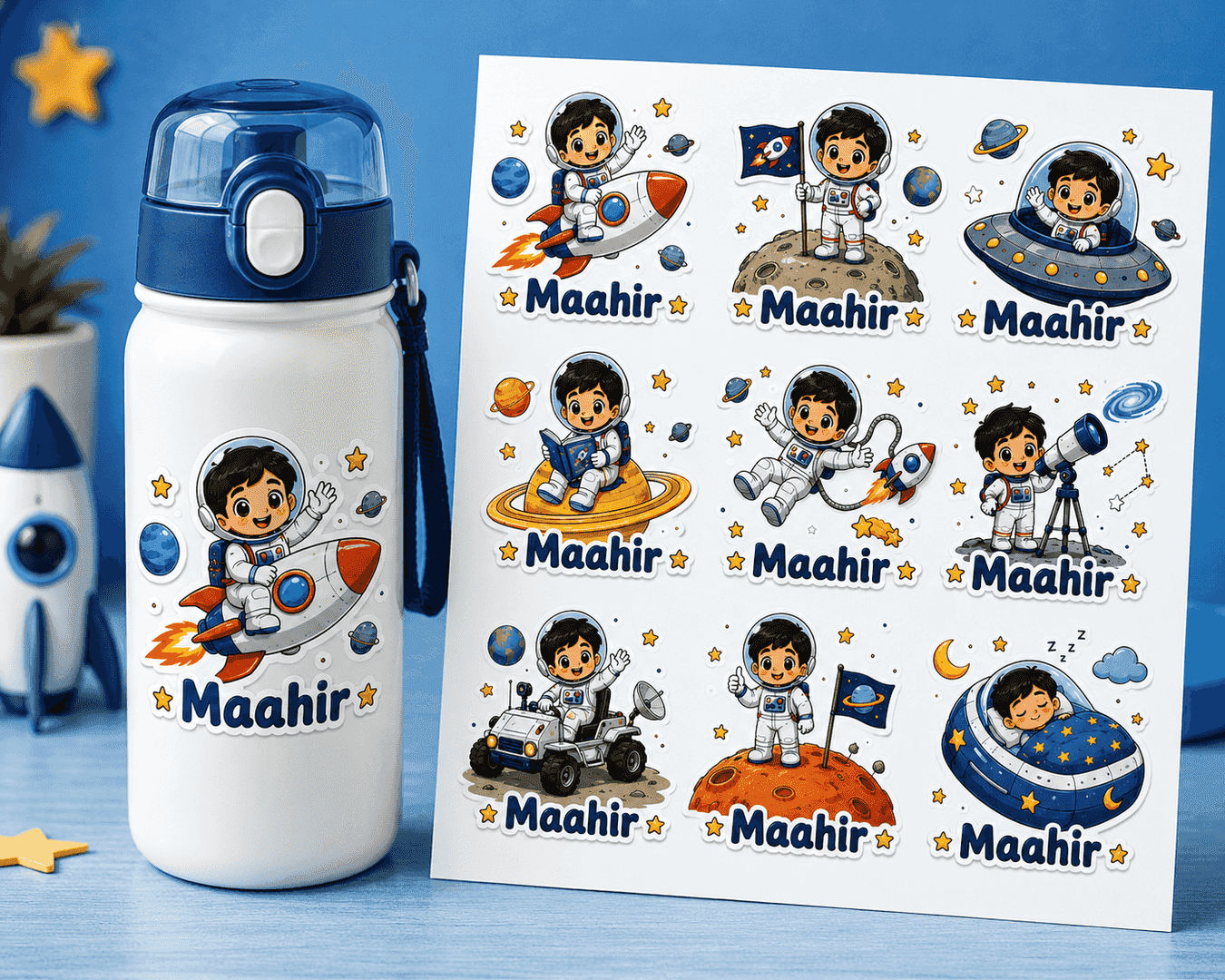 Personalized Space Explorer UV Stickers โ Custom Name Stickers (24 pcs)